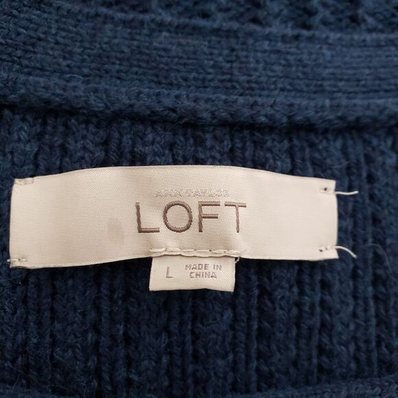 Ann Taylor Loft Womens Sweater Large Blue Cable Open Knit Round Neck Wool Blend - Picture 8 of 10